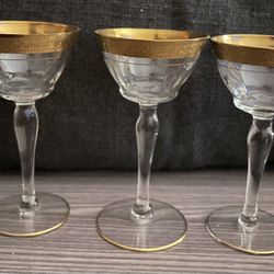 3 PC Set Crystal Cordial 5  1/4" Gold Trim Rim Glasses Cross Floral Wine Goblet