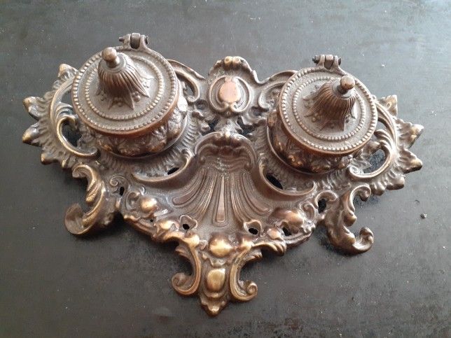 STUNNING Antique Ornate Bronze Art Nouveau Depose Double inkwell