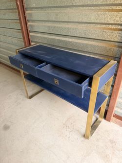 Blue wood entry table with gold metal two drawers