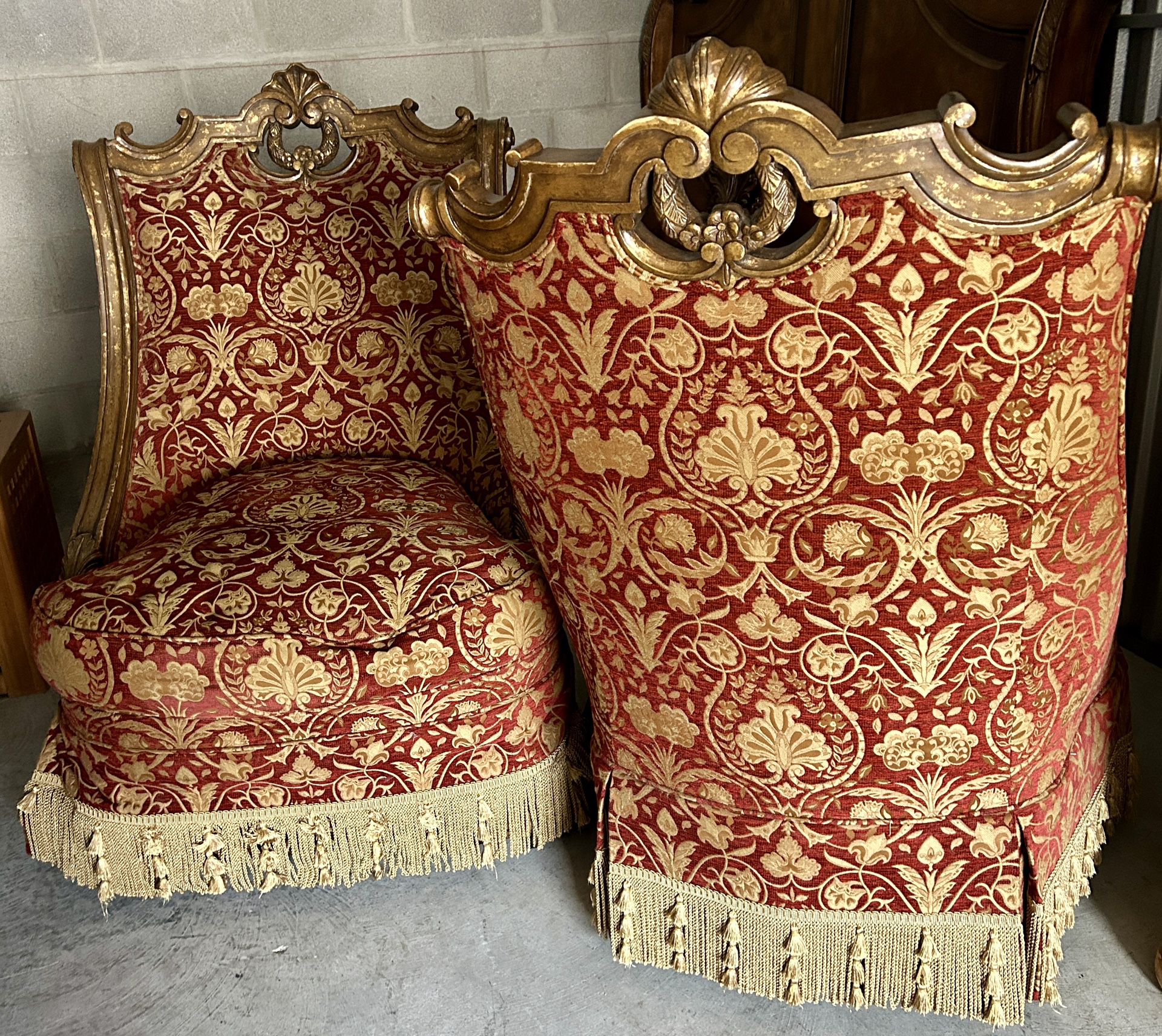Oversized Antique Gold Gilt Chair Red & Gold Fabric Gold Fringed Skirt Fit For A King/Queen