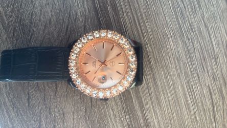 Rose Gold Crystal Bezel Watch Black Leather Strap