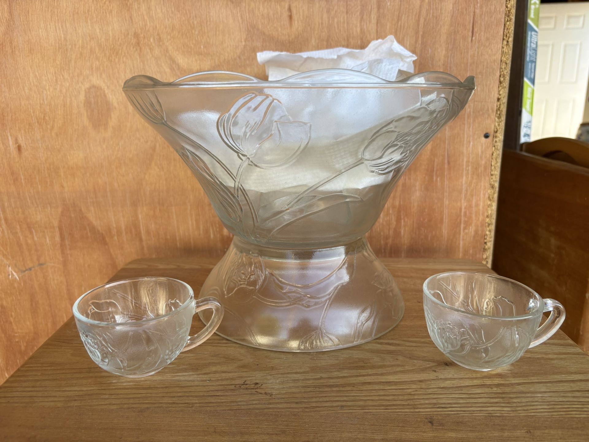 Tulip Etched Glass Punch Bowl Set