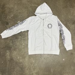 Chrome Hearts White Floral Horseshoe Cross-Sleeve Zip Up Hoodie