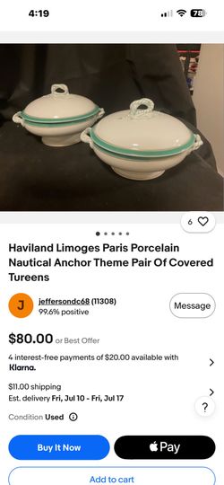 Vintage Haviland Limoges porcelain covered tureen featuring a delicate green band accent.