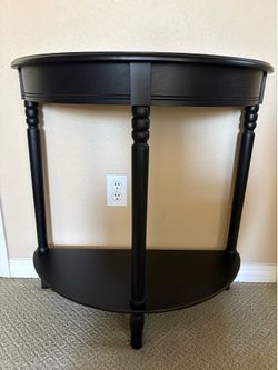 Farmhouse entry way table. Half moon entry table with shelves