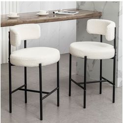 Boucle Bar Stools Set of 2, 24" Modern Counter Stools with Backs, Black Upholstered Barstools for Kitchen Island, Bar, Cafe