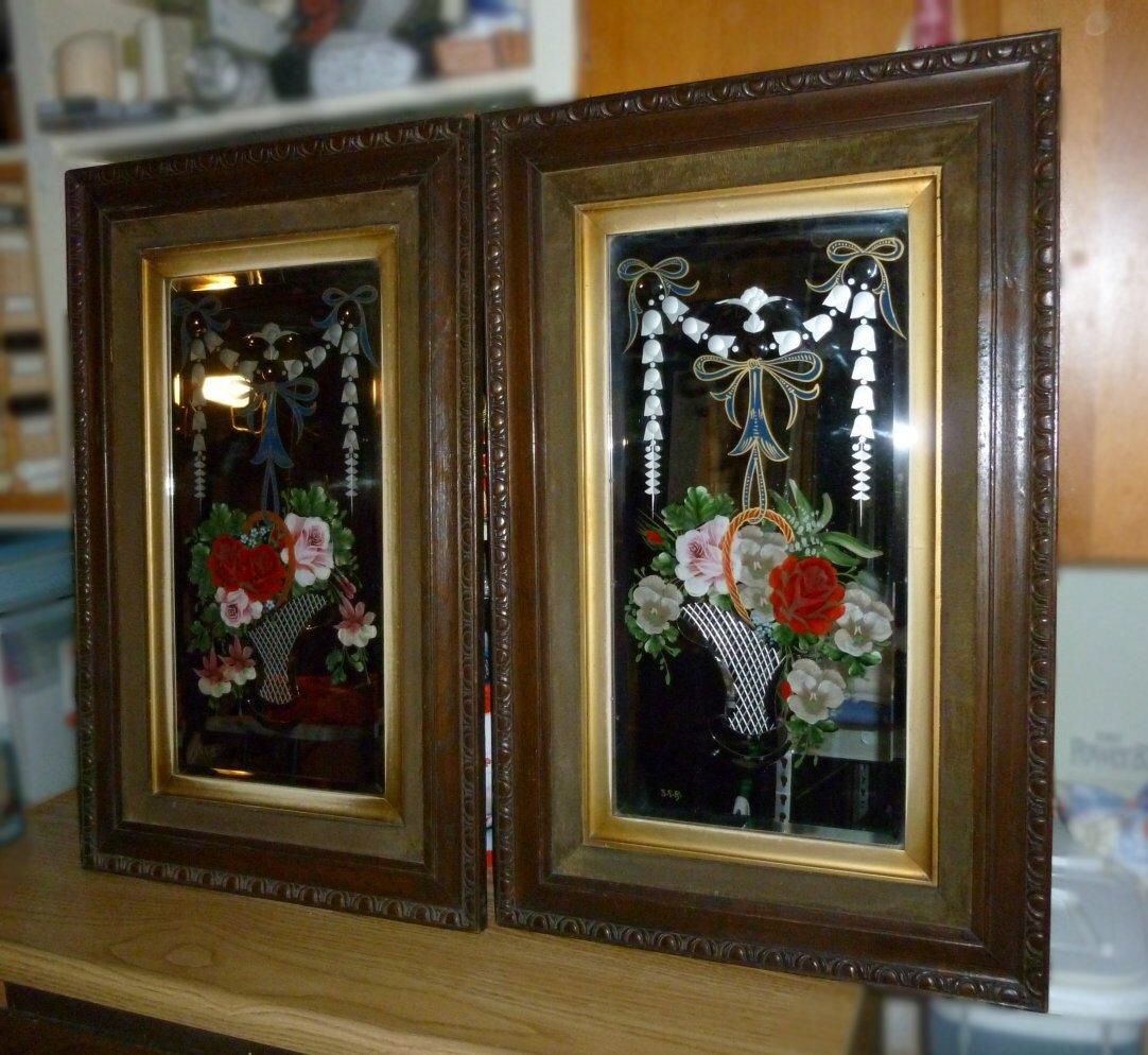 Mirrors antique etched and reverse painted set of two