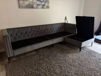 Gray Velvet Tufted Sectional Sofa with Storage