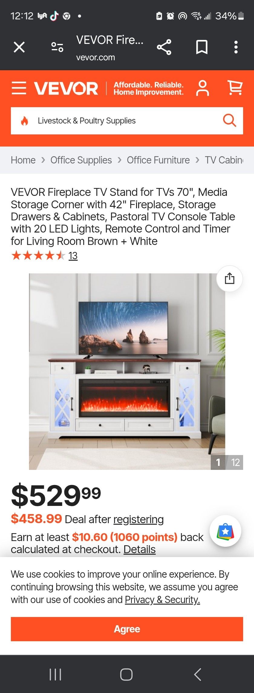 VEVOR Fireplace TV Stand for TVs 70", Media Storage Corner with 42" Fireplace, Storage Drawers & Cabinets, Pastoral TV Console Table with 20 LED Light