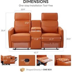 62.6-in W Orange Loveseat Recliner Sofa with Console and Cup Holders