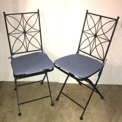 SET OF TWO BEAUTIFUL WROUGHT IRON FOLDING GARDEN CHAIRS WITH CUSHIONS