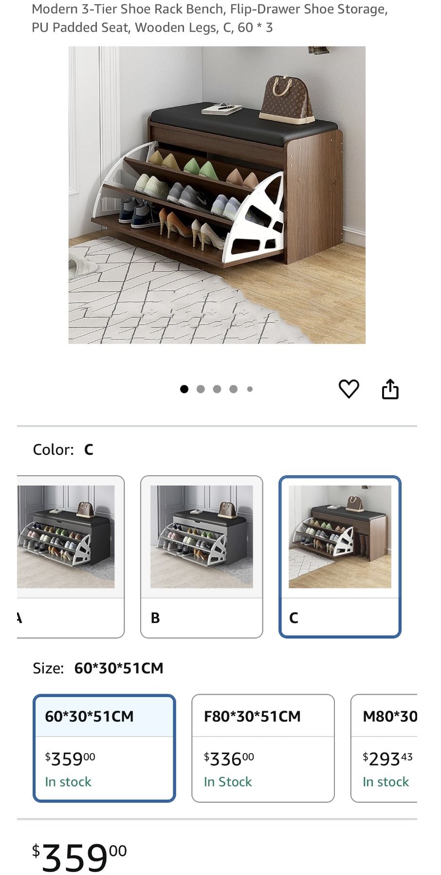 Modern 3-Tier Shoe Rack Bench, Flip-Drawer Shoe Storage, PU Padded Seat, Wooden Legs, C, 60 * 3