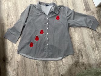 Gingham Button-Up Shirt with Ladybug Appliqués