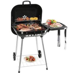 28" Portable Charcoal Grill With Wheels And Foldable Side Shelf, Large BBQ Smoker With Adjustable Vents On Lid For Outdoor Party Camping Picnic