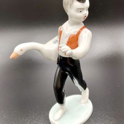 Vintage Hungarian Hollohaza Kezzel Festett Figurine Of Boy With Goose
