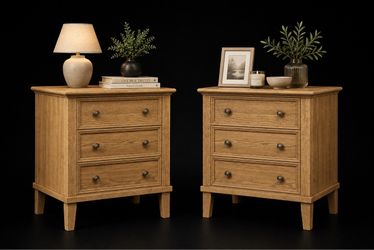 Set of 2 Teak Brown 3 Drawers Nightstand with Charging Station