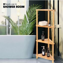 GUGIGP 4-Tier Corner Shower Caddy Stand Bamboo, Standing Corner Shower Shelf, Shower Organizer, Shower Storage Shlves, Waterproof, Retails $109.99
