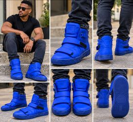 Blue Leather High-Top Sneakers with Straps