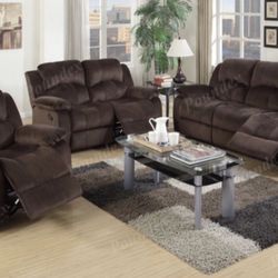 New Super Comfy Brown Fabric 3pc Reclining Sofa Couch, Love Seat And Reclining Chair Set 