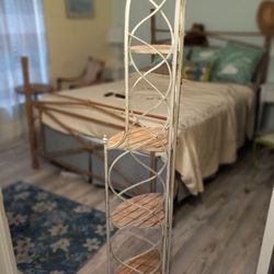 Folding Corner Wrought IronStand With Wood Shelfs Off White  4 Shelves For Plants Figurines Bathroom  Or Any Decor  75.Obo