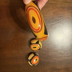 Vintage Hand-Painted Wooden Bangle & Earring Set – Retro Mod Boho Tribal Style
