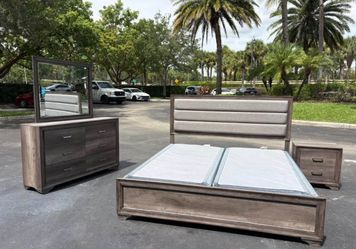 Modern Gray Wood King Bedroom Set with Dresser, Mirror, Nightstand and Box Spring by Malaysia Furnit