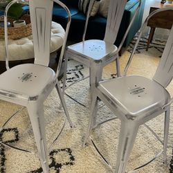 Distressed Finished White Metal Bar Stools- Set of 3