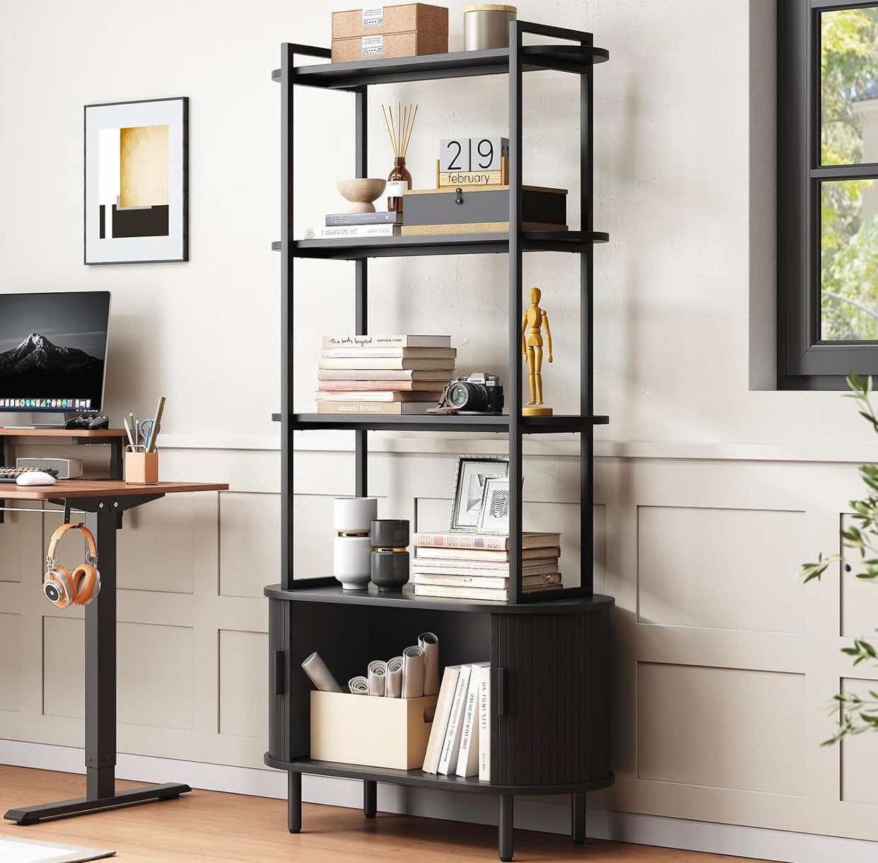 71" Tall Bookshelf, 4-Tier Book Shelf with Storage Cabinet, Modern Bookcase with Sliding Door and Adjustable Footpad, Freestanding Storage Organizer B
