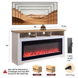 60 inch Fireplace TV Stand for TVs up to 70,with 50smart Electric Fireplace,white