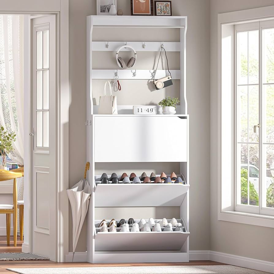 New Shoe Cabinet Storage for Entryway Shoe Storage Cabinet with 3 Flip Drawer White Slim Freestanding Narrow Shoe Cabinet Tall Wood Modern Shoes Cabin
