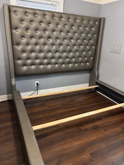 Cal King Tufted Upholstered Bed Frame with Wingback Headboard