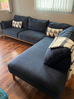 Macy’s Blue Modern 113in by 86in 2pc Sectional Sofa - Right Facing Chaise