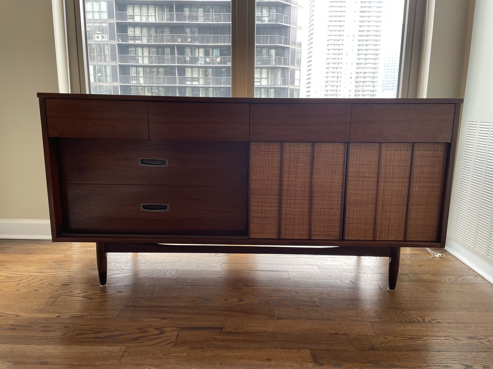 Mid Century Vintage Walnut Dresser with Sliding Cane Panels from Hooker Mainline Collection