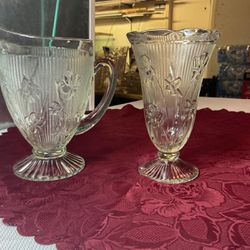 Vintage. Collection Of Two Jeanette Glass Pitcher’s. Iris And Herringbone Depression Glass. 1920’s