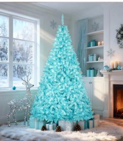 7.5FT Prelit Blue Christmas Tree, Full Xmas Pine Tree with 1300 Branch Tips 400 Cold Warm Light for Holiday Indoor Outdoor Decoration