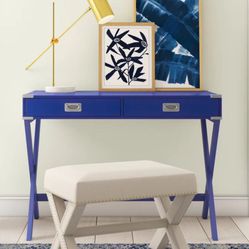 Modern Wood Writing Desk - Matte Blue with Silver Accents and Storage Drawers