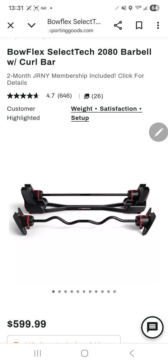 BowFlex SelectTech 2080 Adjustable Barbell with Curl Bar