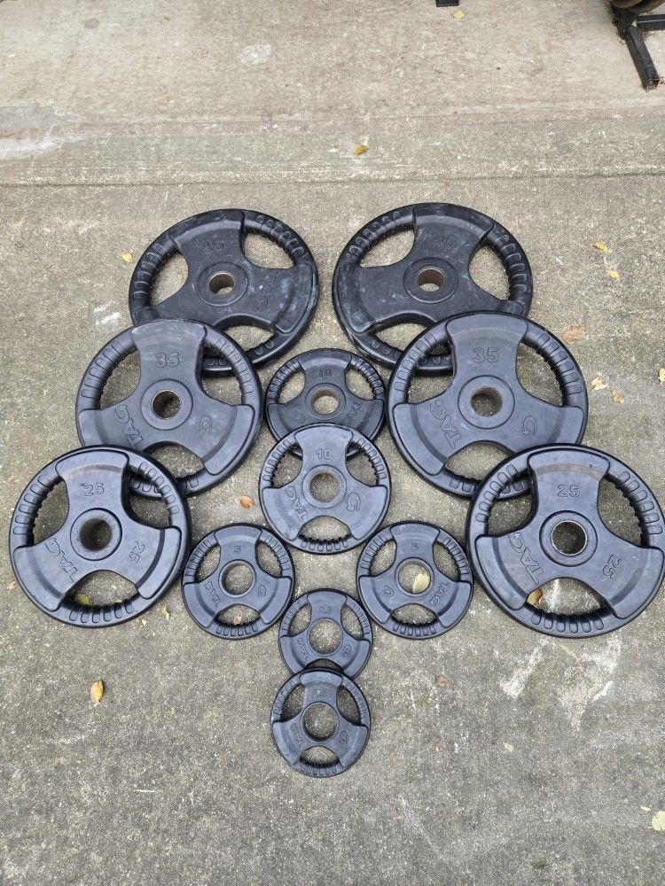 Used TAG 245lb Olympic Grip Plate Set Rubber Coated Weight Plates