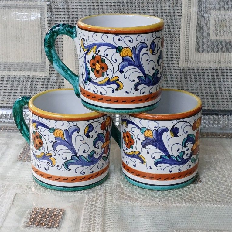 Vintage Deruta Abstract Floral & Leaf Ceramic Cups Hand Painted Made in Italy