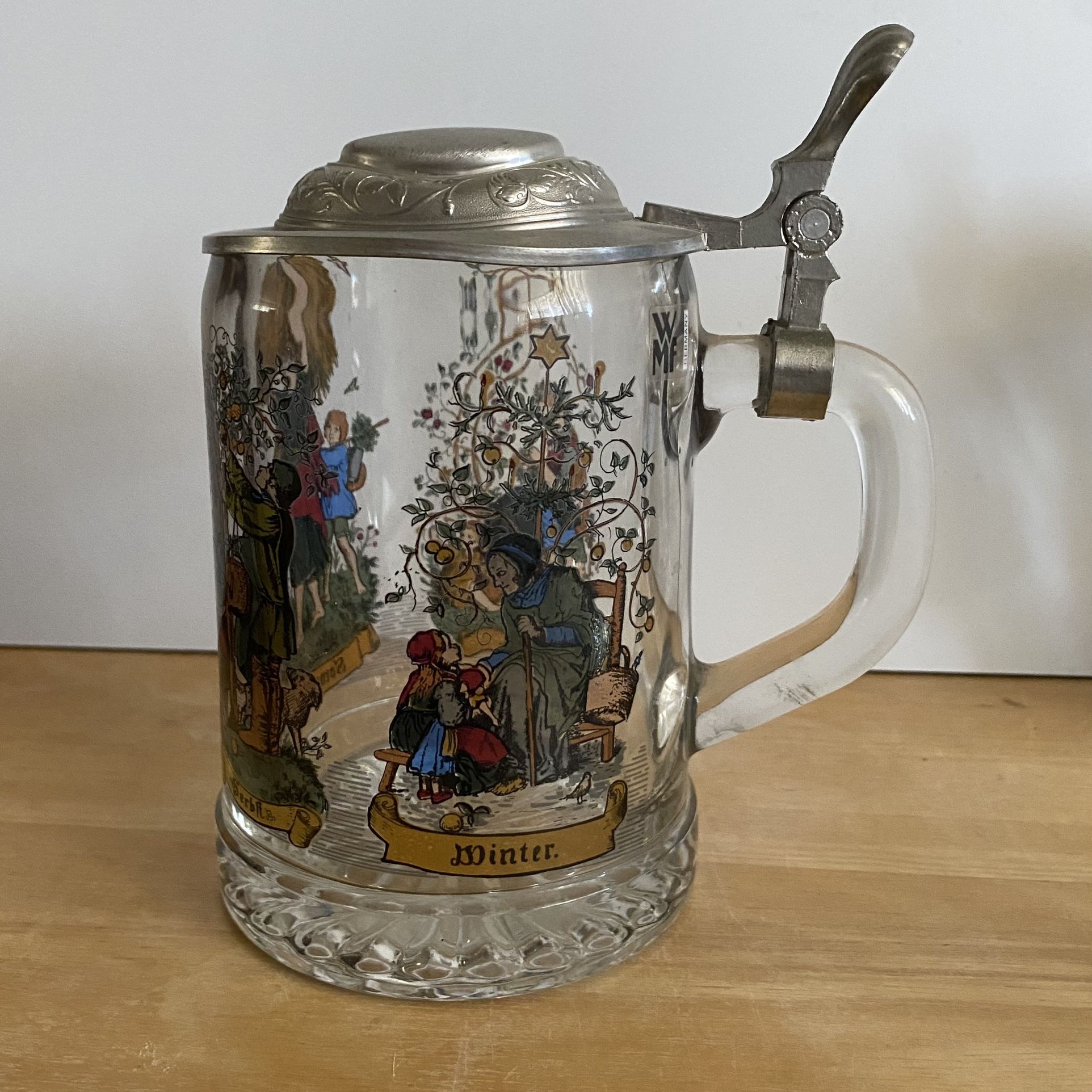 Vintage ALWE Glass Beer Stein Pewter Lid WMF Germany
