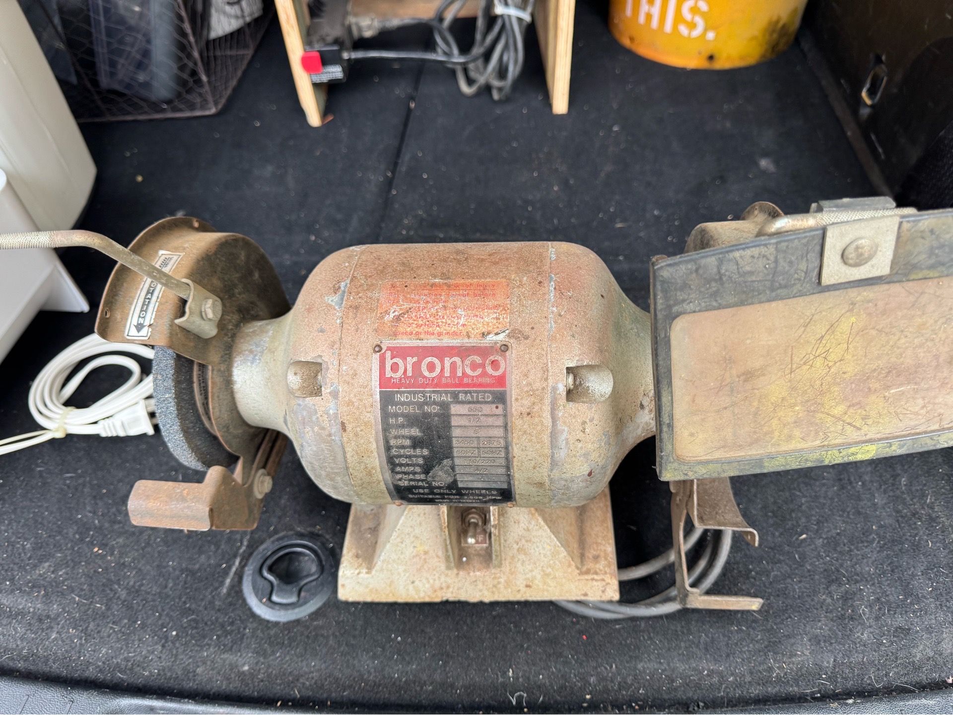 Vintage Bronco bench grinder is industrial-rated and features a 1/2 HP motor