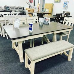 Marbelle Chalk/Gray Extendable Dinings Room Set Dining Table 4 Chairs and Benchs Finance and Delivery Available 