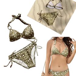 Two Piece Bikini  Swimsuit Brand New with Original Packaging  Halter Top With Silver Metal O Rings Green Cheetah Print Size Small Women’s  Padded Top 