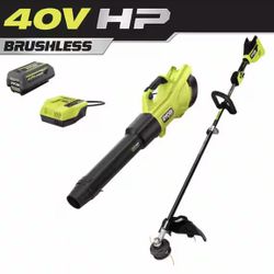 RYOBI 40V HP Brushless 600 CFM 155 MPH Cordless Leaf Blower and Carbon Fiber String Trimmer with 4.0 Ah Battery and Charger
