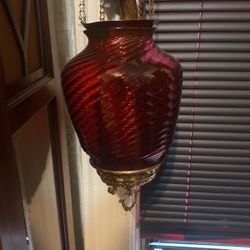 Antique 1840s Cranberry Glass Swirl Pull Down Parlor Hanging Oil Lamp