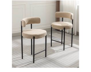 Counter Height Bar Stools, 24" Beige Bar Stools Set of 2, Boucle Barstools with Back, Mid-Century Modern Bar Chairs for Kitchen Island, Dining Room