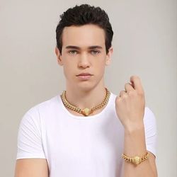 2 Piece Cuban Chain And Bracelet 18k Gold Plated Stainless Steel Chunky Link Men’s Jewelry Gift Set .