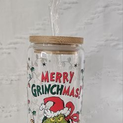 Merry Grinchmas Glass Jar with Straw