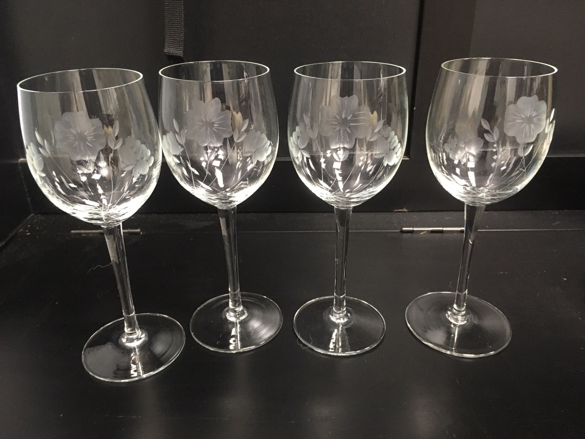 Beautiful floral etched wine glasses