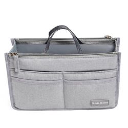 Women's Multi-Pocket Travel Handbag Organizer Insert with Zipper Handles Purse Liner Tidy Bag Grey